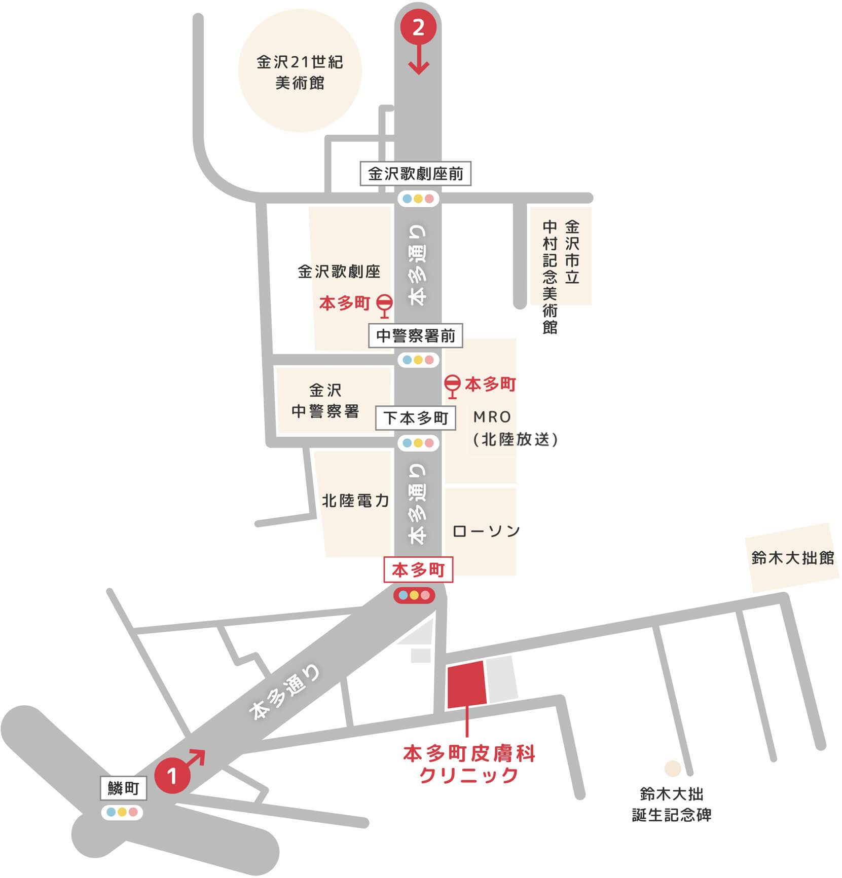 本多町皮膚科クリニックへのアクセスマップ。クリニックは本多通り沿い、本多町交差点の南東、鈴木大拙館の手前に位置する。周辺の目印として金沢21世紀美術館、金沢歌劇座、金沢中警察署、MRO北陸朝日放送、ローソンなどがある。最寄りバス停は本多通り沿いの「本多町」ほか、鱗町・金沢歌劇座前などの停留所も記載。